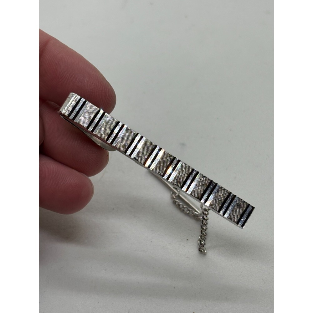 Vintage Tie Clip Signed Dante Silver‎ Tone with Safety Chain